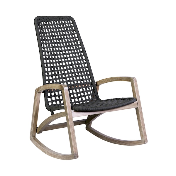 Armen Living Sequoia Outdoor Patio Rocking Chair in Light Eucalyptus Wood and Charcoal Rope 840254332287 - main